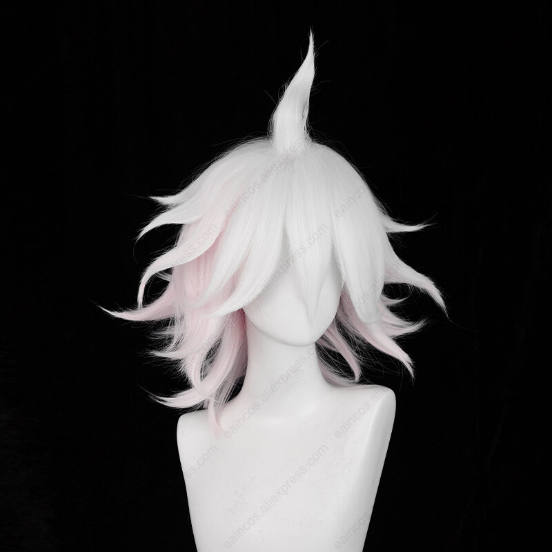 Wig Cosplay Anime Nagito Komeda, rambut sintetis tahan panas Wig gradien panjang 37cm merah muda putih