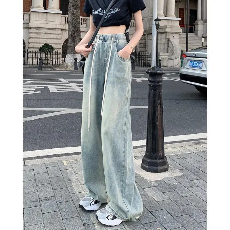 Pantalones vaqueros adelgazantes de cintura alta para mujer, diseño adelgazante con cordón americano, cintura elástica, pierna recta, trapeador de piso, 2024