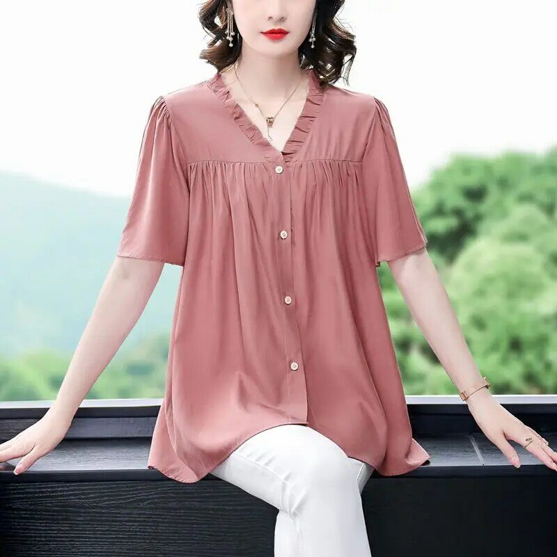 Damen Sommer V-Ausschnitt Blusen Patchwork Knopf Rüschen Falten Mode einfarbig locker elegant alle passen kurz ärmel ige Hemden