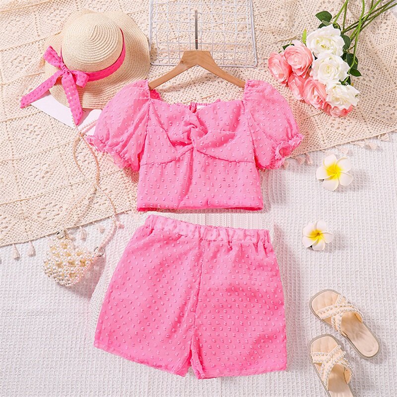Женский летний комплект из 2 предметов с шортами, розовый топ с коротким рукавом-фонариком и шорты в горошек