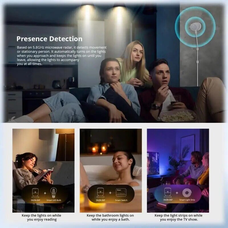 SONOFF-Zigbee Sensor de Pressão Humana, Sensor de Luz, Radar Microondas, Smart Home Via ZBBridge-P, EWeLink, Alice, Alexa, Google, SNZB-06P
