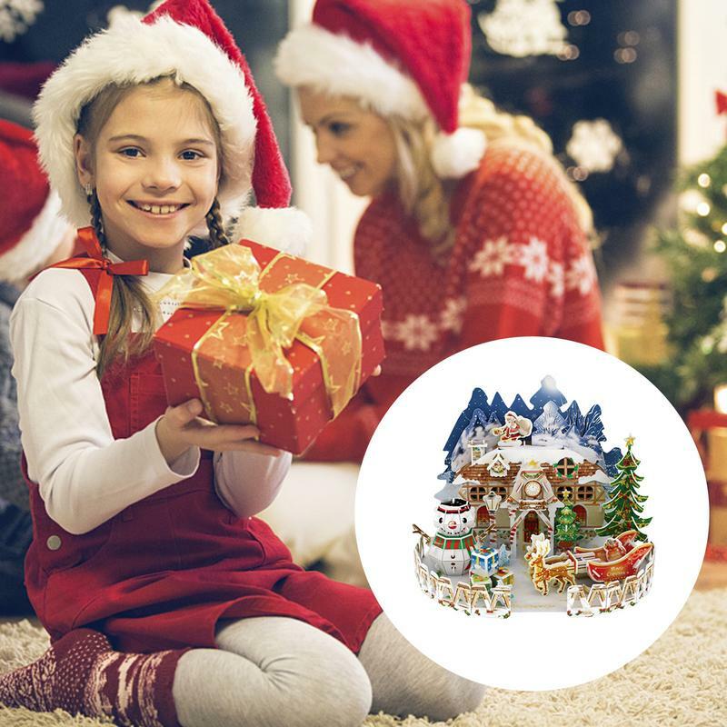 Puzzle 3D Natal, teka-teki tema desa Natal, tema adegan salju putih, hadiah dekorasi puzzle 3D kota kecil Natal