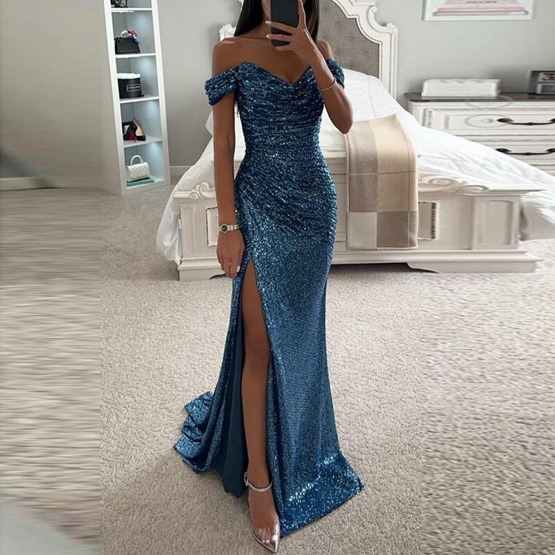 Solid Color Long Sleeve Dress Evening Party Prom Dress Elegant Sequined V-neck Off Shoulder Maxi Dress for Evening Party Prom
