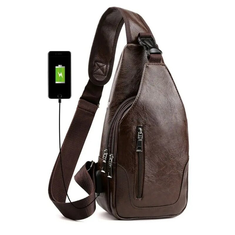 Tas selempang pria dengan Port pengisi daya USB, tas dada kulit PU tali dapat diatur dengan lubang Headphone, kapasitas besar, Anti Maling