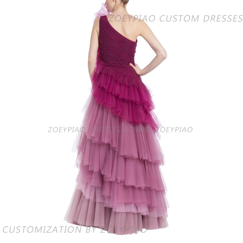 Fuschia Long Ruffled Tulle Sleeveless Robe One Shoulder A-line Tulle Women Evening Dresses Maternity Robe Fashion Prom Gowns