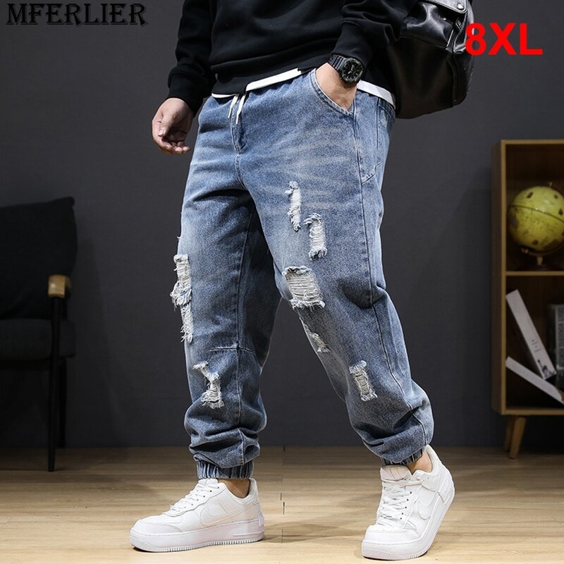 Przytrzymaj porwane jeansy Plus rozmiar 8XL spodnie dżinsowe męska moda na co dzień elastyczna talia dżinsy joggery męski spodnie o jednolitym kolorze duży rozmiar 8XL
