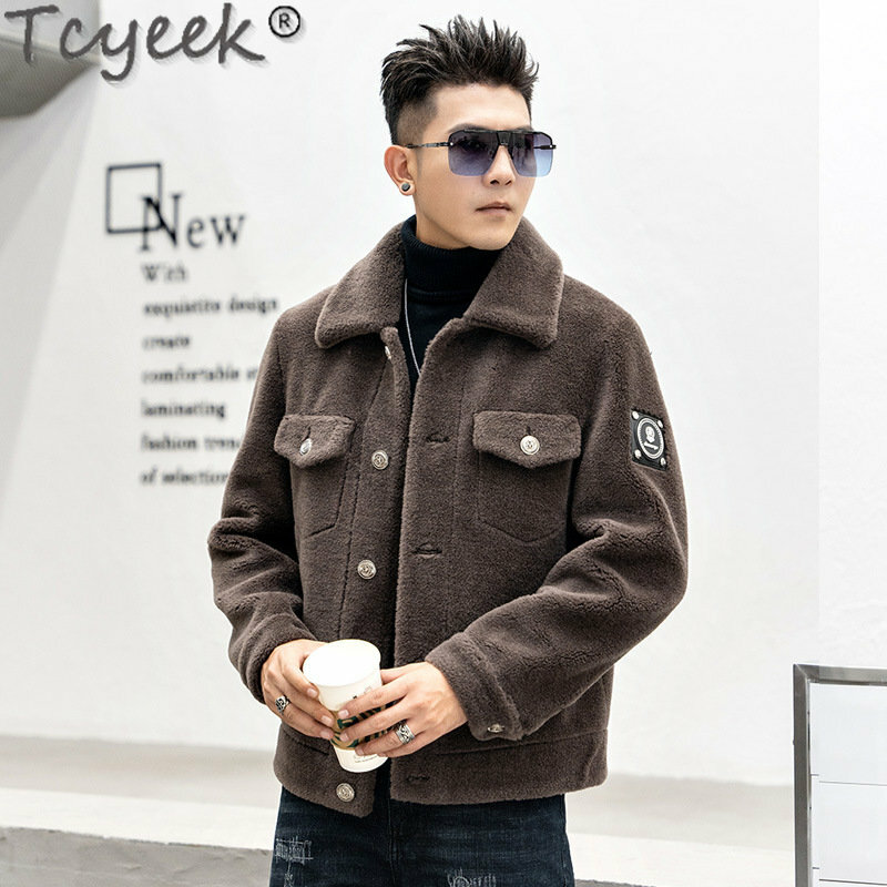 Tcyeek-Casaco de pele de ovelha shearling masculino, casaco de lã de grão fashion masculino, streetwear quente, inverno