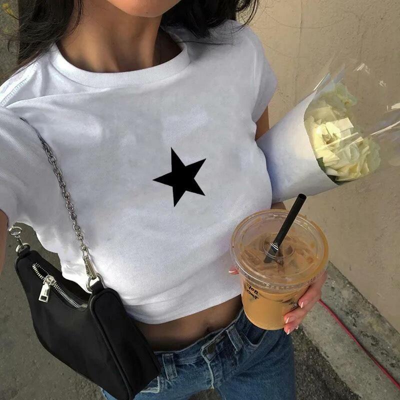 Женская одежда Y2K, топы со звездами, женская футболка в стиле Харадзюку, Ретро Модный Готический укороченный топ с коротким рукавом, сексуальные топы, эстетичные топы, короткий пупок