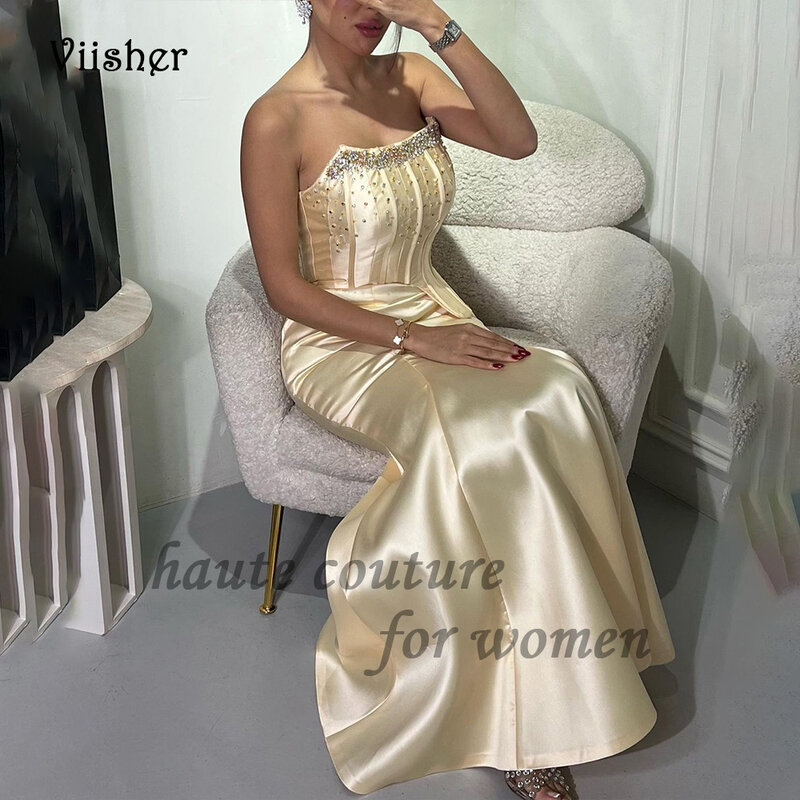 Robe de Rhsirène sans bretelles en satin doré, perles perlées, robe de soirée formelle arabe Dubaï, longueur au sol, quelque soit