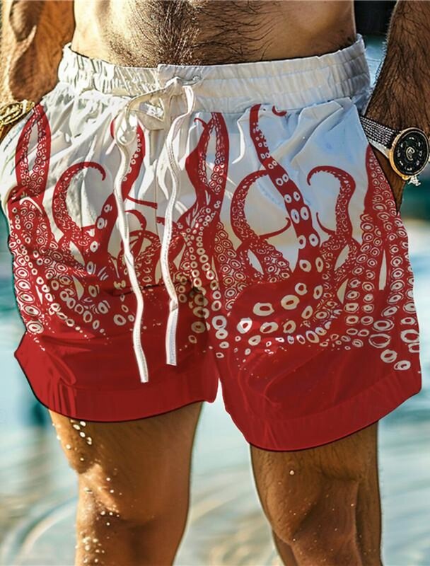 Pantalones cortos con estampado de pulpo para hombre, bañadores hawaianos con cordón, cómodos y transpirables, para vacaciones
