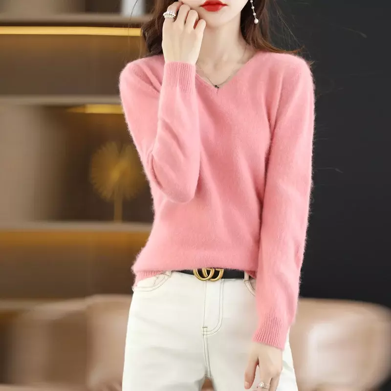 Women's 100% Mink Cashmere Pullover V-neck Solid Sweater Autumn Winter Keep Warm Casual Knitting Basic Fashion Large Top