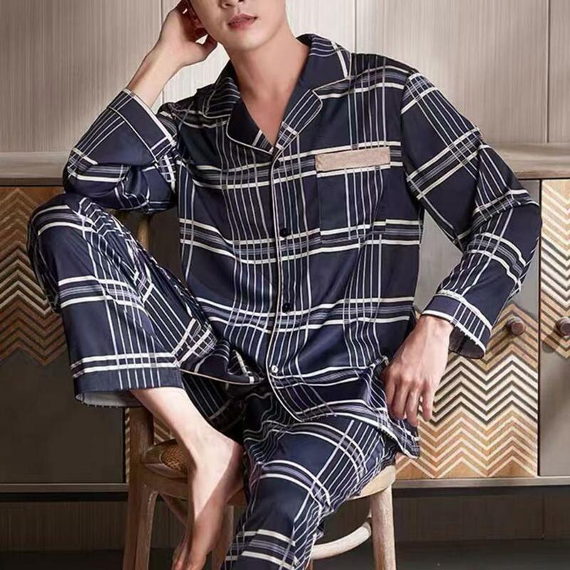 Men Pajama Set Relaxed Fit Loungewear Set Striped Men's Pajama Set with Turn-down Collar Wide Leg for Fall for Comfortable