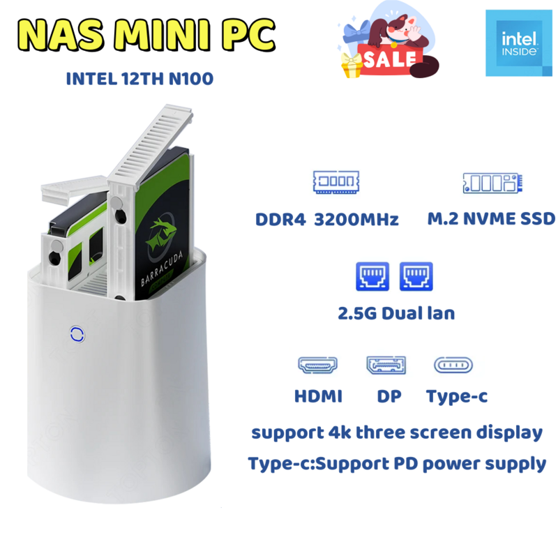 나스 미니 PC 게이머 N100 알더 레이크-N100 지지대, 2x DDR4 2x M.2 NVME SSD 2x HDD 2.5/3.5 RAID 방화벽 라우터 Pfsense 윈도우 11