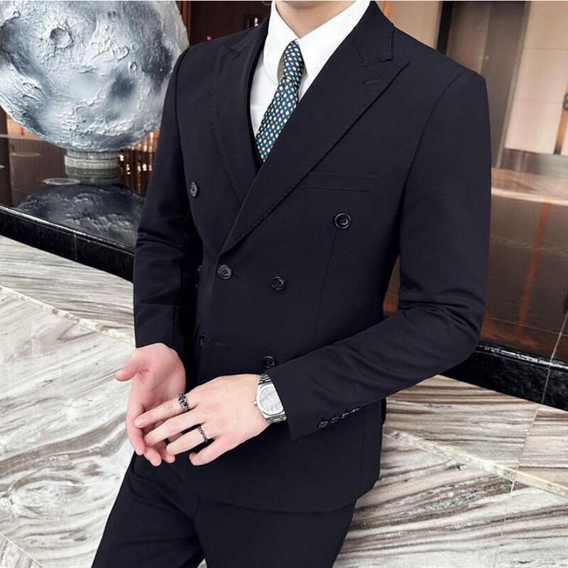 (Jackets+Vest+Pants) Men Double-Breasted Business Suits Male Slim Fit Solid Color Suit Two Pieces Man Fashion Casual Tuxedo 5XL