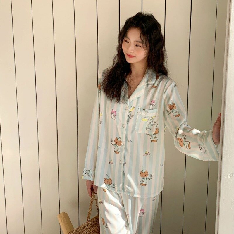 Blue striped pajamas cartoon ins for age reduction, simple and comfortable ice silk women's home clothing, imitation silk