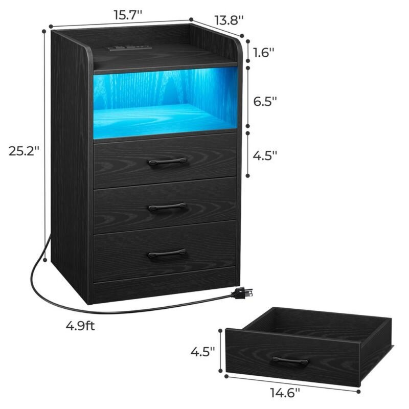 Bedside table with charging station and LED lights, bedside table with drawers, bedside table with USB port and socket