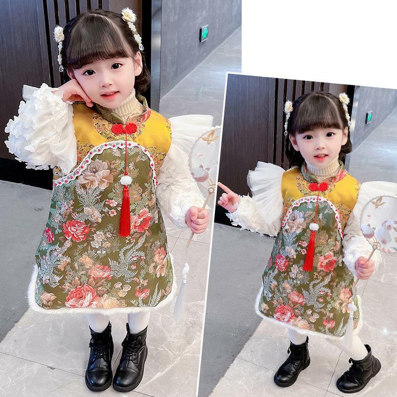 Gaun Musim Dingin Anak Perempuan Tahun Baru Anak-anak Cheongsam Katun Bordir Tang Setelan Anak-anak Cina Indah Qipao Pakaian Berlapis Katun