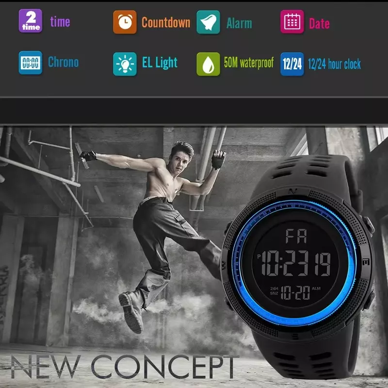 นาฬิกามัลติฟังก์ชั่นใหม่1251นาฬิกาโครโน5Bar นาฬิกากันน้ำ Jam Tangan Digital นาฬิกาสปอร์ตผู้ชายกลางแจ้ง