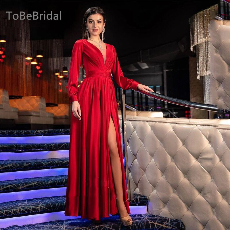 TobeBridal-vestido vermelho elástico cetim para mulheres, decote em v, manga comprida, sem encosto, Lace Up, robe de festa, A-Line, vestidos formais para ocasiões