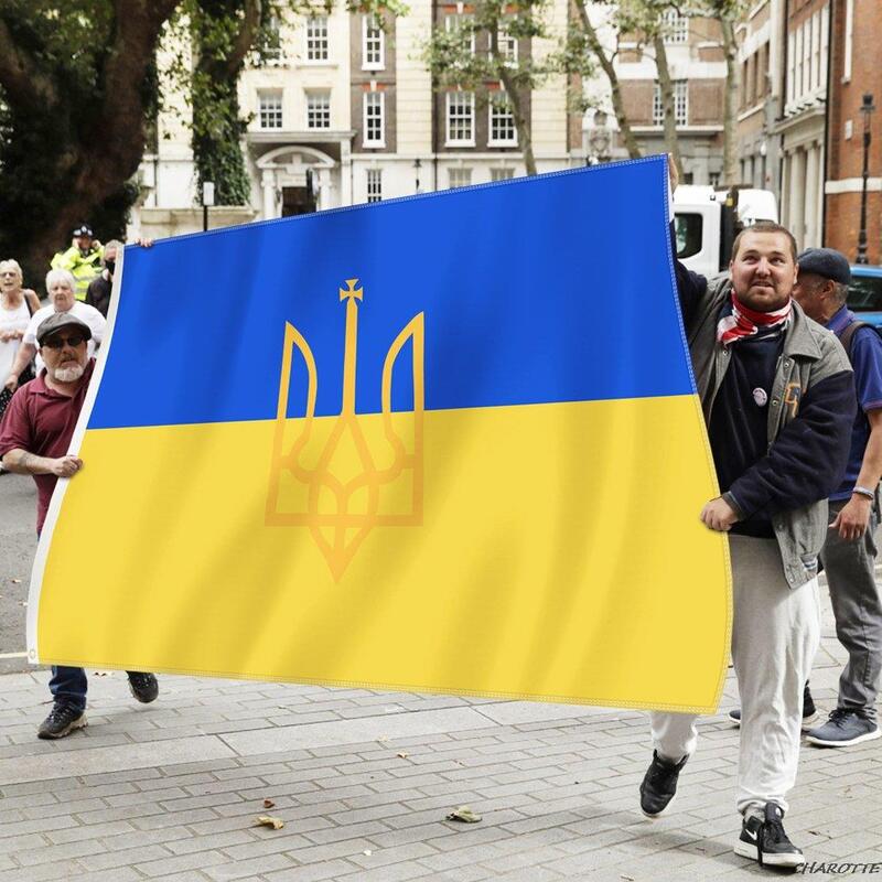 Bandera de la República Popular de Ucrania con escudo de armas, arandelas de latón personalizadas de poliéster 100D, banderas nacionales impresas