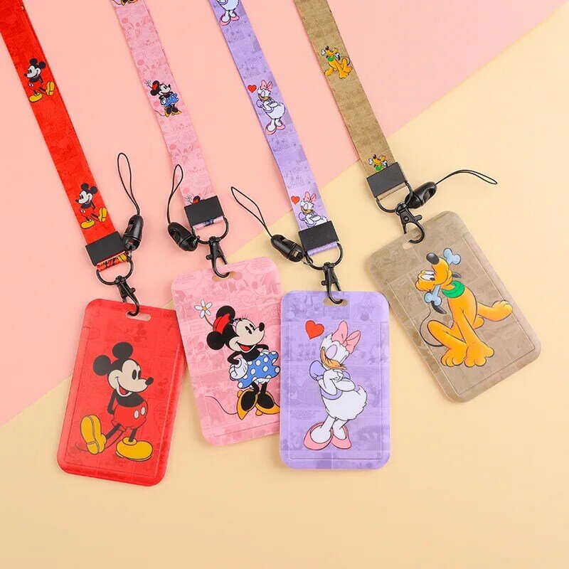 Disney-portatarjetas de Minnie para niñas, funda para tarjeta de puerta, cuerda colgante, soporte para insignia, correa para el cuello, tarjeta de visita, regalo pequeño