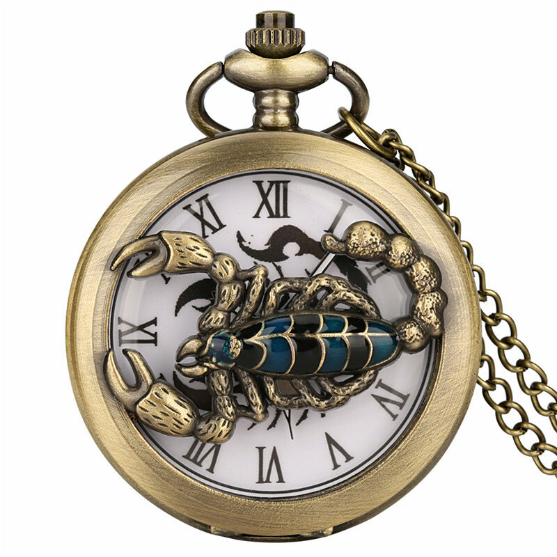 Часы наручные кварцевые с римскими цифрами для мужчин и женщин, бронзовые аналоговые карманные, с ажурным дизайном скорпиона, Подарочные цепи на цепочке