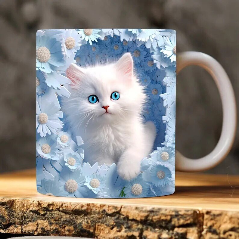 Kubek 3D Cute Kitten dla dziewczynek do napojów Śniadanie Kawa Mleko Kubek Ceramiczny Chubby Uchwyt Prezent Świąteczny