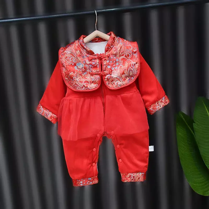 2023 jesienno-zimowy nowy niemowlę czerwony haftowany kombinezon Kawaii nowonarodzony chłopiec dziewczynka nowy rok strój Tang pogrubione prezenty urodzinowe