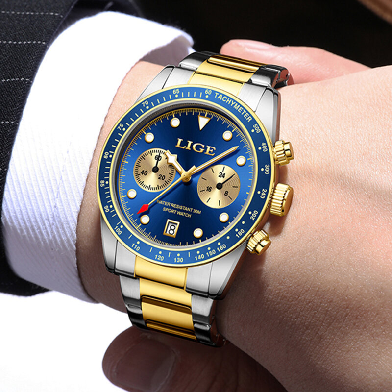 Lige นาฬิกาควอตซ์สำหรับผู้ชาย, ใหม่นาฬิกาควอตซ์แบรนด์หรูชั้นนำนาฬิกาข้อมือกีฬากันน้ำจับเวลาวันที่ relogio masculino