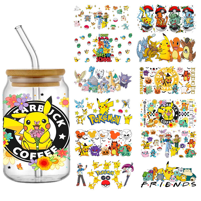 Schattige Cartoon Pokemon Pikachu Uv Dtf Overdracht Glazen Sticker Waterdichte Transfers Stickers Voor 16Oz Glazen Beker Wrap Stickers