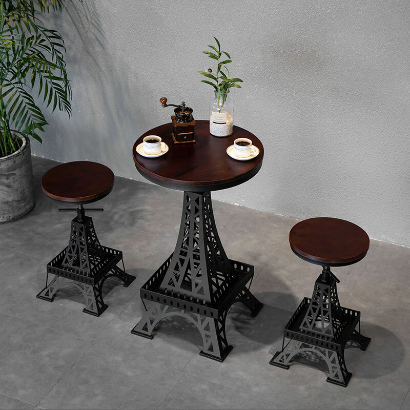 Kursi bar kayu padat besi, kursi dapat disesuaikan, bangku menara Paris, gaya industri, kursi kafe bar modern