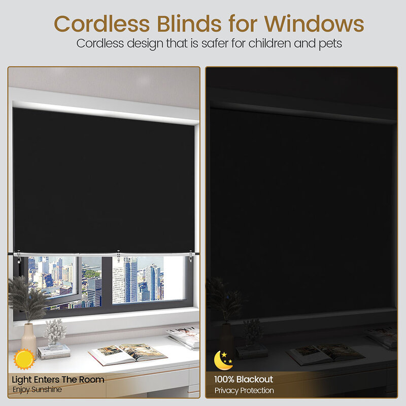 Punch-Free Black Cordless Window Blinds Large Insulated Window Shades For Home Bedroom