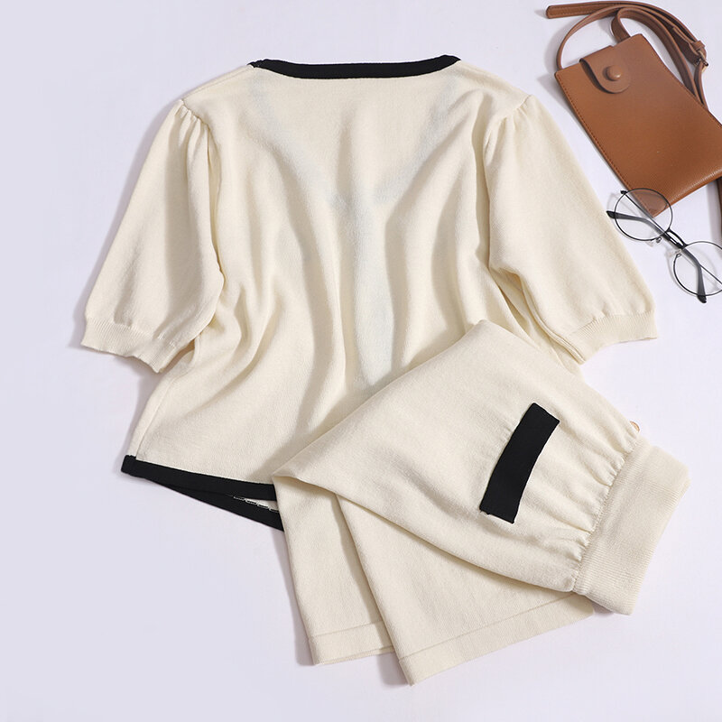 Summer Two-piece Set Women O-neck Single-breasted Top Knitted Skirt Suit Fashion Office-lady Cardigan T-shirt Half Body Skirts