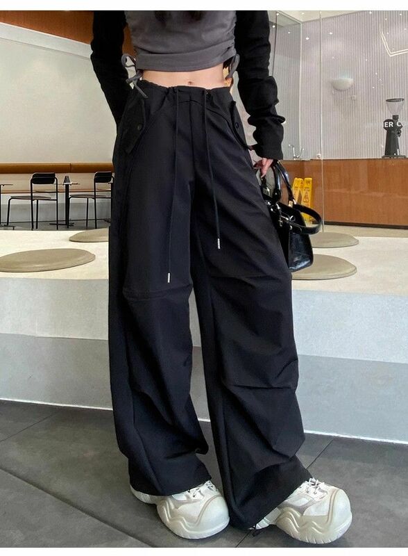 Funkcjonalne spodnie Cargo za duże kieszenie w stylu amerykańskim modne szerokie nogawki wzornictwo High-street koreańskie luźna odzież uliczna damskie