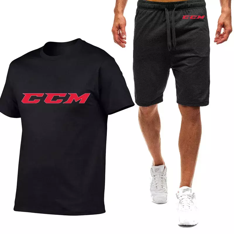CCM Men's New Summer Hot Cotton Printing Sportswear Breathable Short Sleeves T-Shirt Tops And Shorts Casual Wear Two Pieces Suit