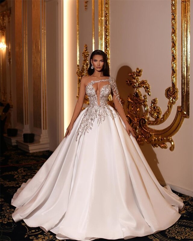 Luxury Dubai Ball Gown Wedding Dress Glitter Sequins Beads One Shoulder Bridal Gown Custom Made Lace Up Back Robes De Mariée