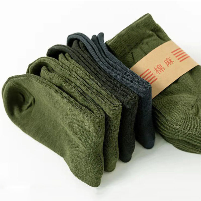 Meias masculinas de algodão espesso meio tubo, verde exército, quente, militar, alta qualidade, camuflagem, confortável, primavera, outono, 5 pares