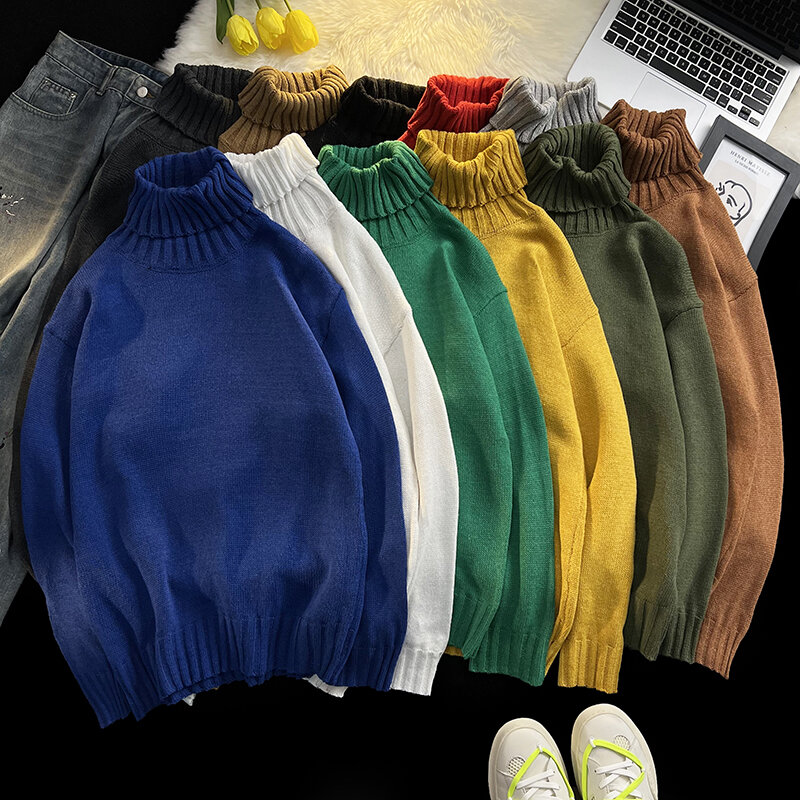 Осенне-зимний теплый модный однотонный свитер с высоким воротником приталенный пуловер мужской вязаный свитер трикотажная одежда E92