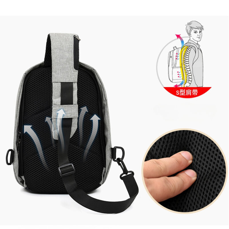 Tas selempang untuk pria wanita, tas punggung bahu tas dada paket harian selempang dengan Port pengisi daya USB & lubang Headphone