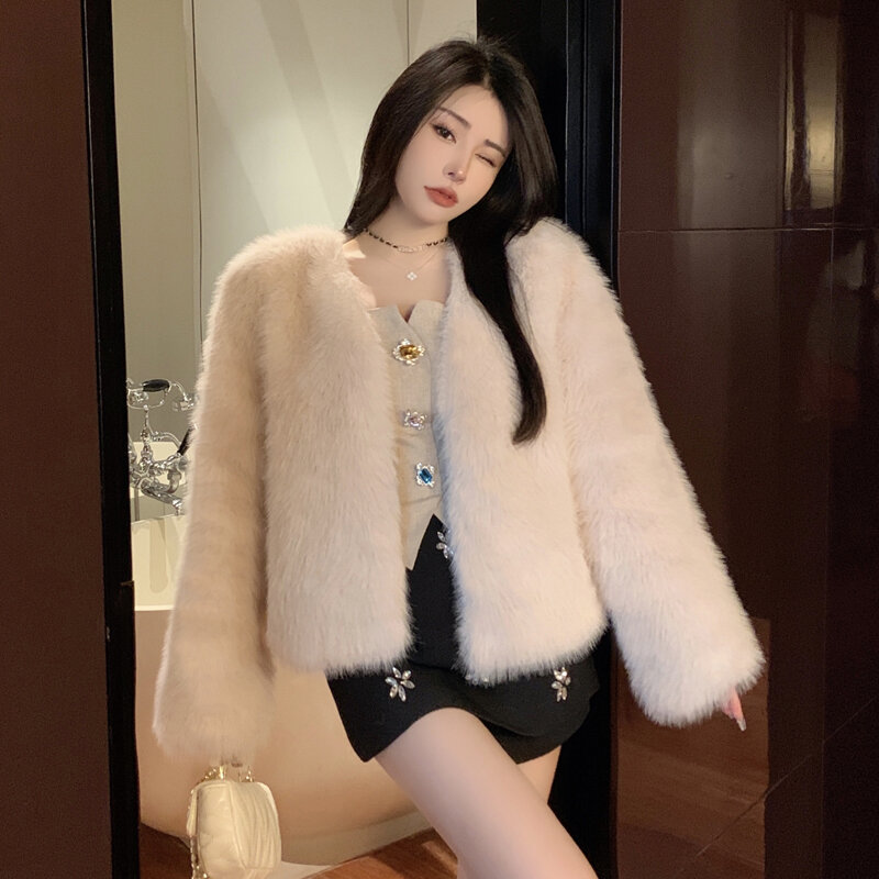 Zimowy nowy płaszcz ze sztucznego futra kardigan z długimi rękawami koreański modny damski dekolt z dekoltem w szpic do ciepłe kurtki