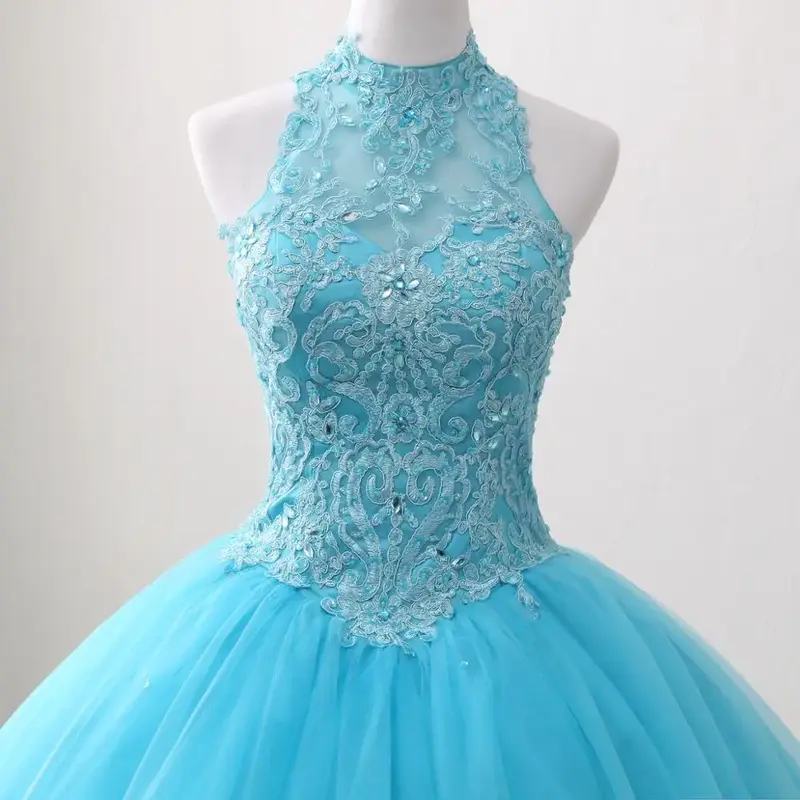 Sexy High-Neck Quinceanera Dresses Ball Gown Sweet 16 Applique Beading Tull Princess Gowns Special Occasion Masquerade Gowns