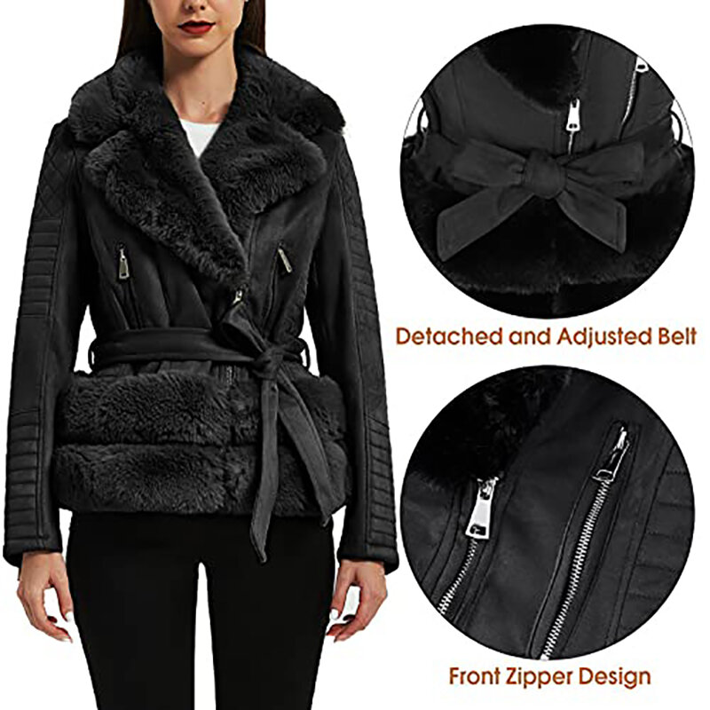 Giolshon 2022 New Winter Women Jacket Thick Warm Faux Suede Coat With Belt Faux Fur Collar PU Leather Jackets Outwear