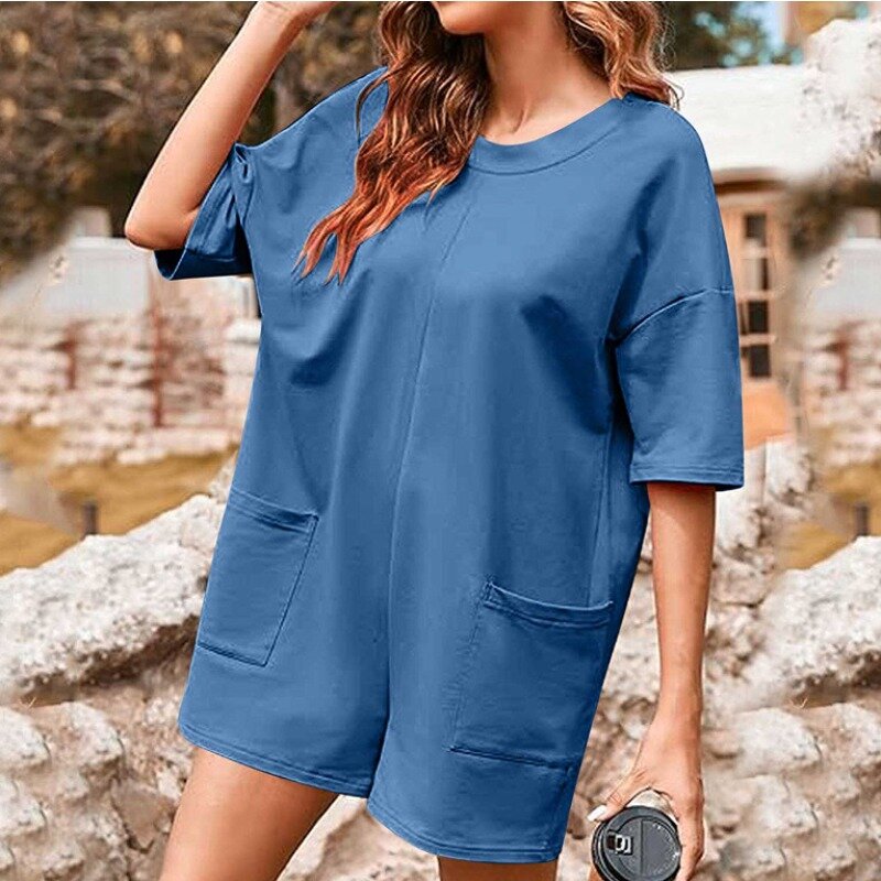 New Women's V-neck Double Pocket Casual Front & Back Wearing Short Sleeve Jumpsuit 2024 Summer Female Fashion Loose Romper