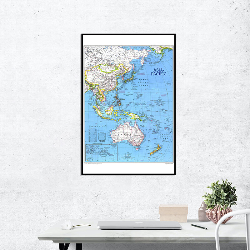 A2 tamanho mapa do mundo pintura da lona impressa parede arte mapa da ásia pacífico 1989 edição casa sala de estar papel parede decoração casa