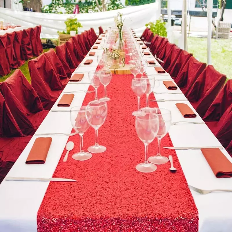 10pcs Red Sequin Table Runners Glitter Wedding Party Bridal Shower Birthday Christmas Thanksgiving Halloween Decoration Supplies