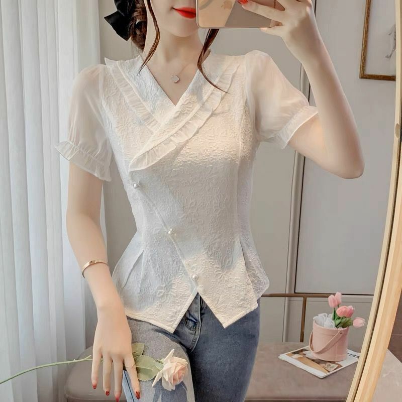 Elegant Fashion Harajuku Slim Fit Female Clothes Loose Casual All Match Tops Women Patchwork V Neck Button Short Sleeve Blusa