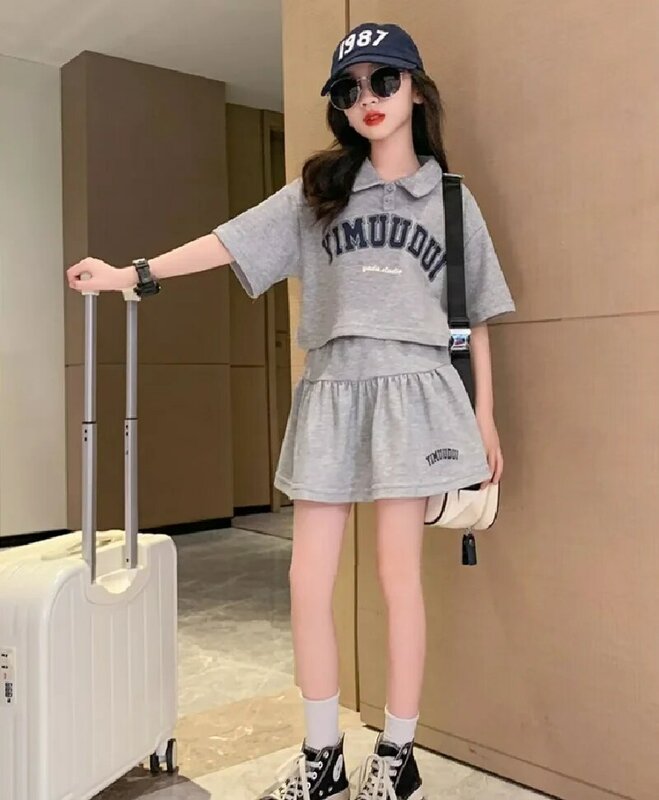 Summer Casual Clothing Sets Girls Short Sleeve T-Shirt+Skirts 2Pcs Suits Big Kids Fashion Letter Print Outfits Sportswear 5-14Y