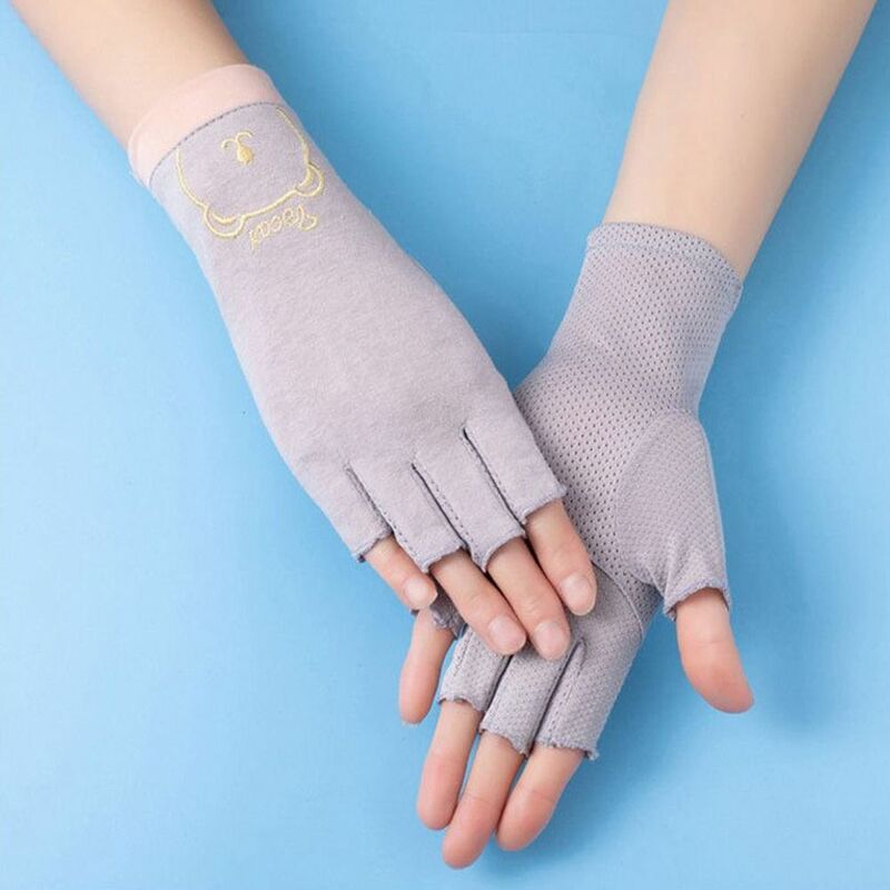 Guantes de malla Anti-UV para mujer, guantes de algodón antideslizantes para protección solar, guantes de medio dedo para pantalla táctil, Verano