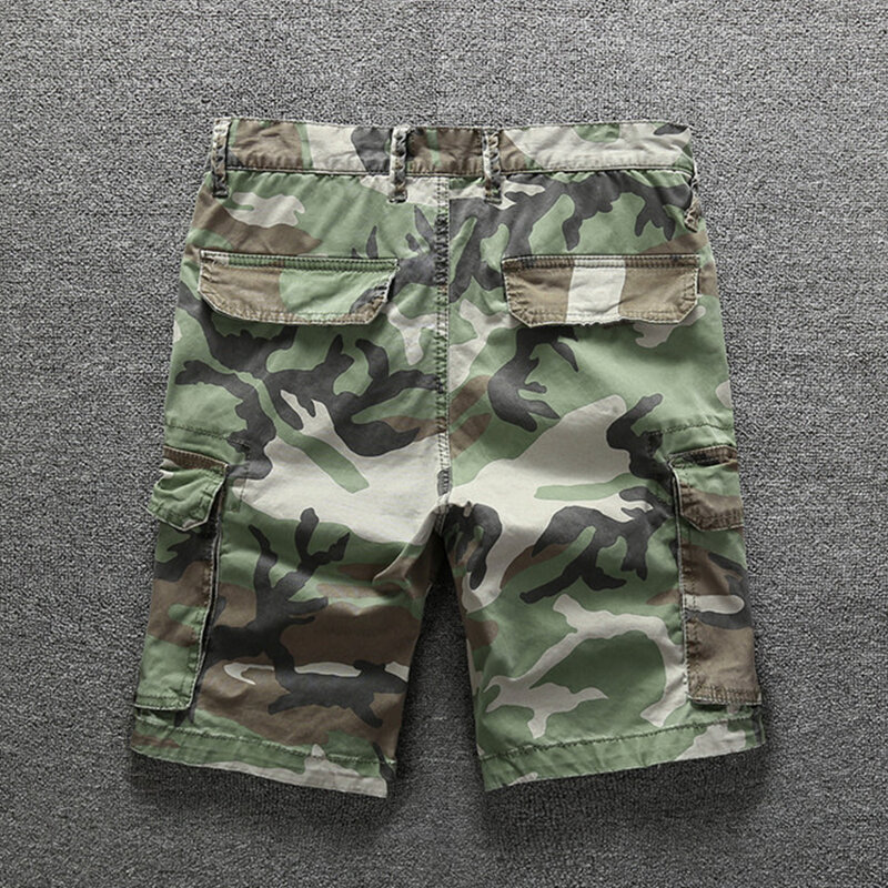 Summer American Style Reto Washed Cotton Multiple Pockets Straight Camouflage Cargo Shorts For Men Amekaji Knee Length Pants