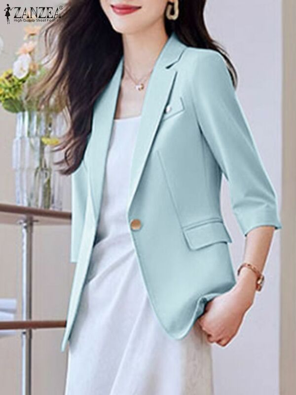 Женская Офисная верхняя одежда ZANZEA, модная блузка с отложным воротником и рукавом 3/4, элегантная Рабочая Рубашка, весенние пальто, Осенние Топы